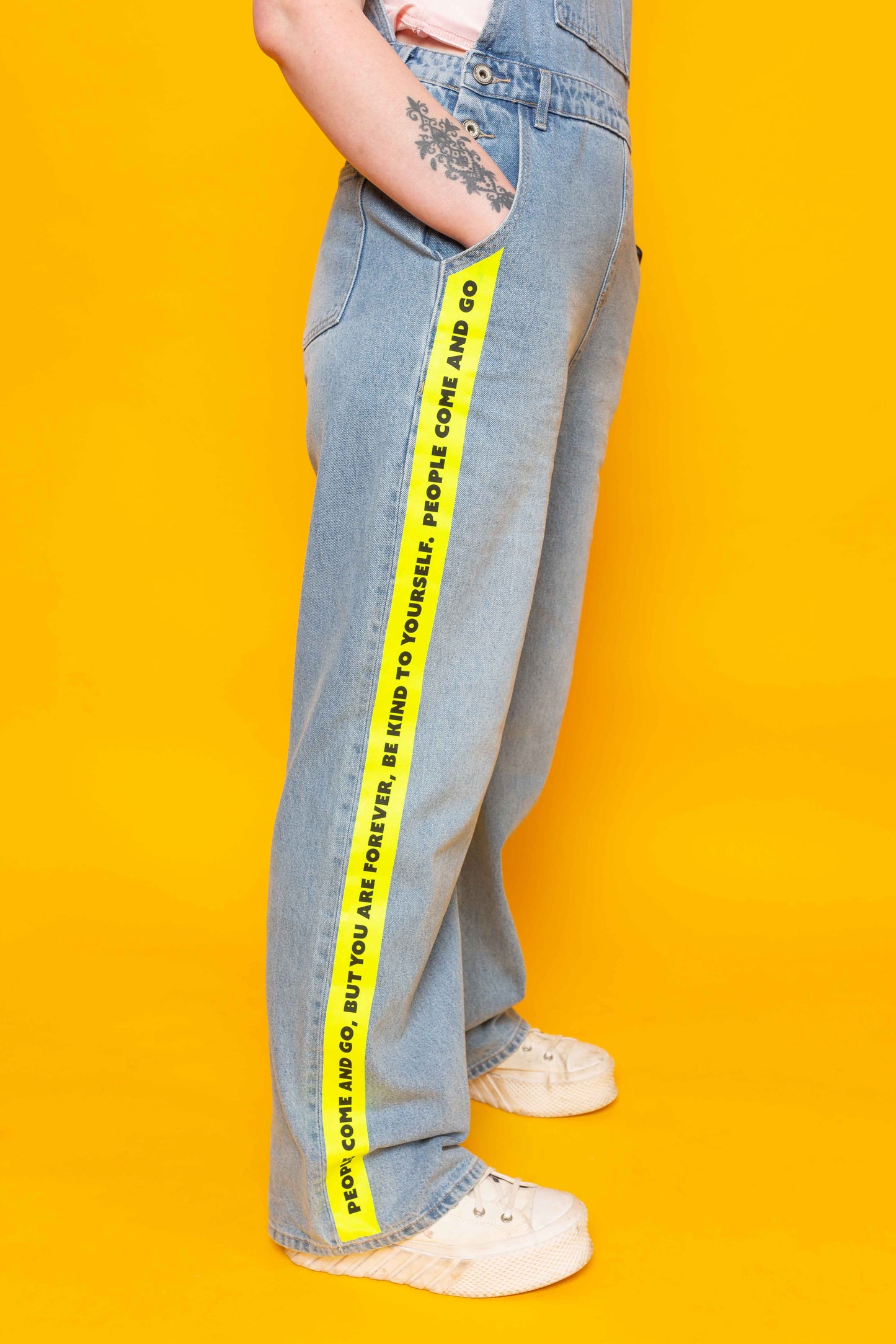 This is The Remix Dungarees PEOPLE COME & GO - Straight Leg Denim Dungarees
