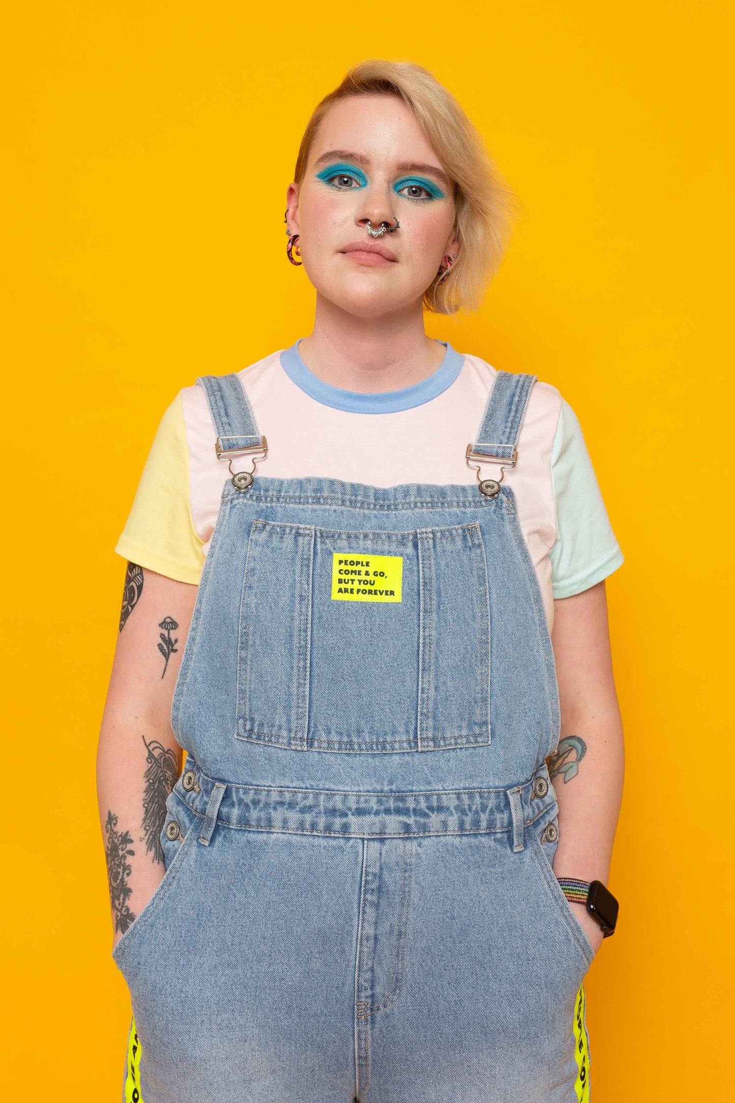 This is The Remix Dungarees PEOPLE COME & GO - Straight Leg Denim Dungarees