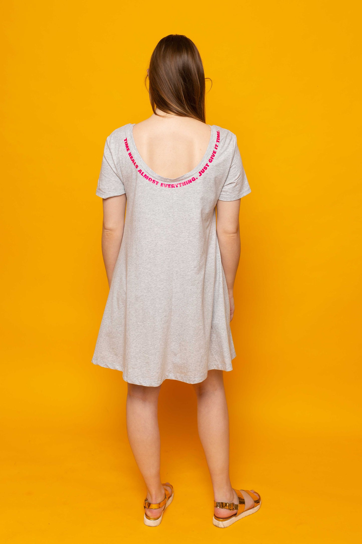 This is The Remix Dress TIME HEALS ALMOST EVERYTHING - Swing T-Shirt Dress With Pockets In Grey