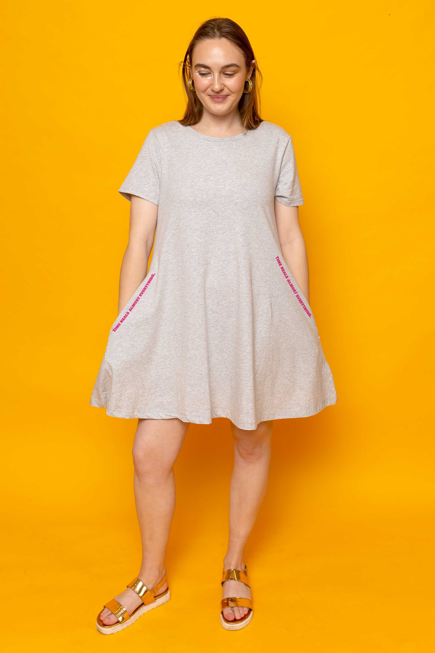 This is The Remix Dress TIME HEALS ALMOST EVERYTHING - Swing T-Shirt Dress With Pockets In Grey