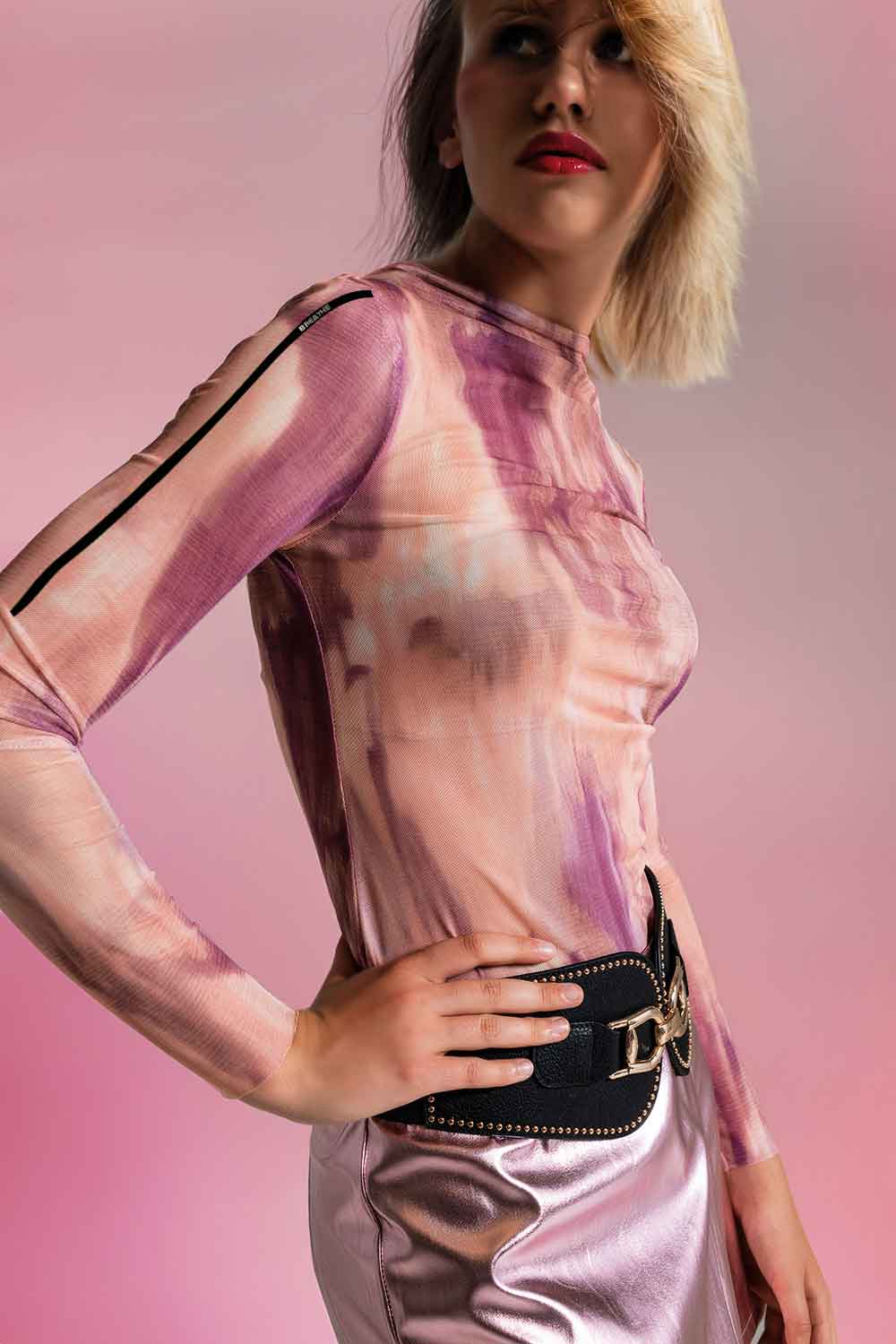 BREATHE - Mesh Top Rouched At The Side In Abstract Pink Print