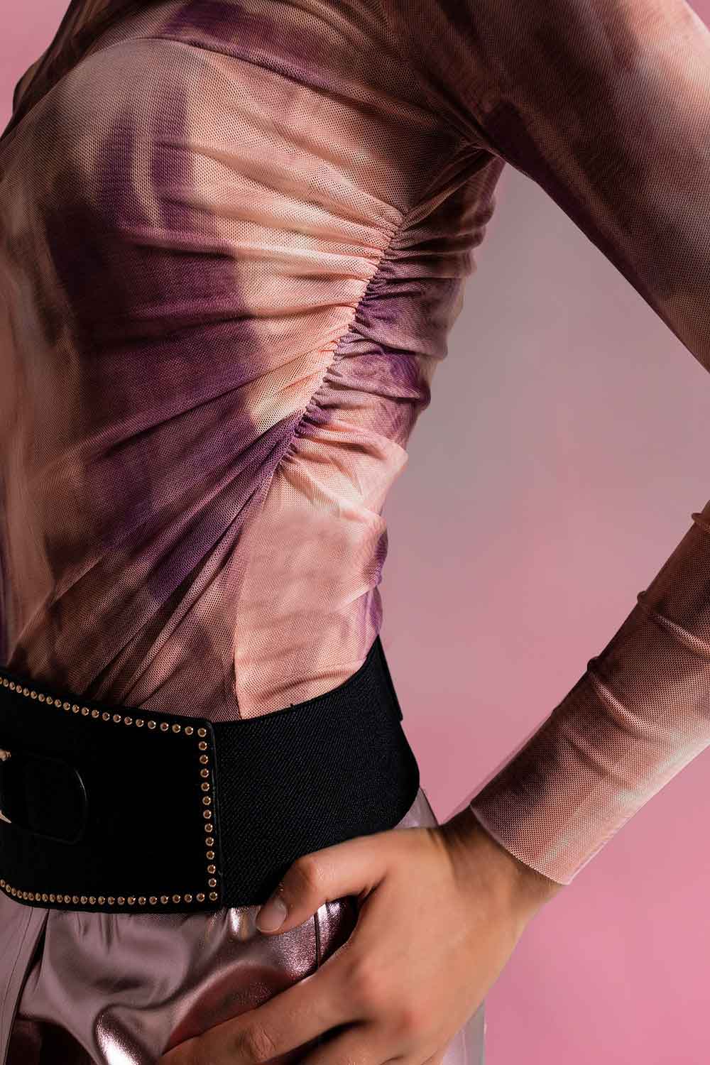 BREATHE - Mesh Top Rouched At The Side In Abstract Pink Print