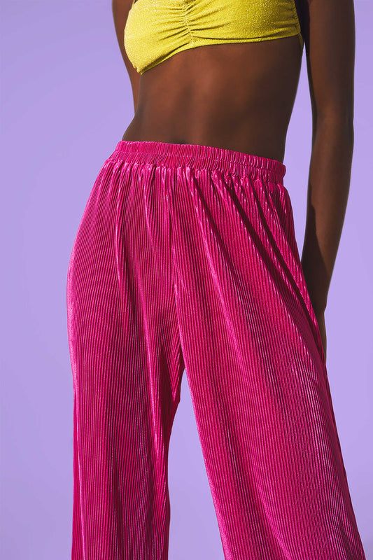 IT’S OK TO BE SELFISH - Satin Pleated Wide Leg TROUSERS In Bright Pink
