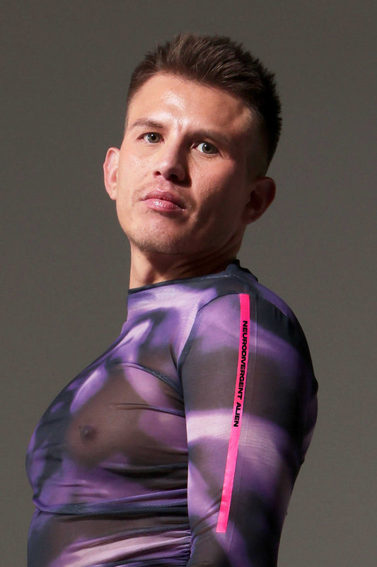 NEURODIVERGENT ALIEN - Mesh Top Ruched at the Side in Abstract Purple Print