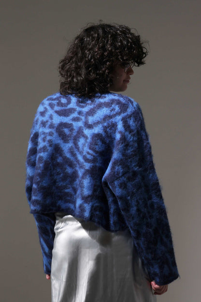 VERY NEURODIVERGENT - Blue Leopard Print Sweater Made of Knitted Fabric with Wool with a Fur finish