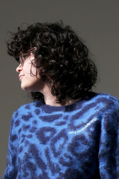 VERY NEURODIVERGENT - Blue Leopard Print Sweater Made of Knitted Fabric with Wool with a Fur finish