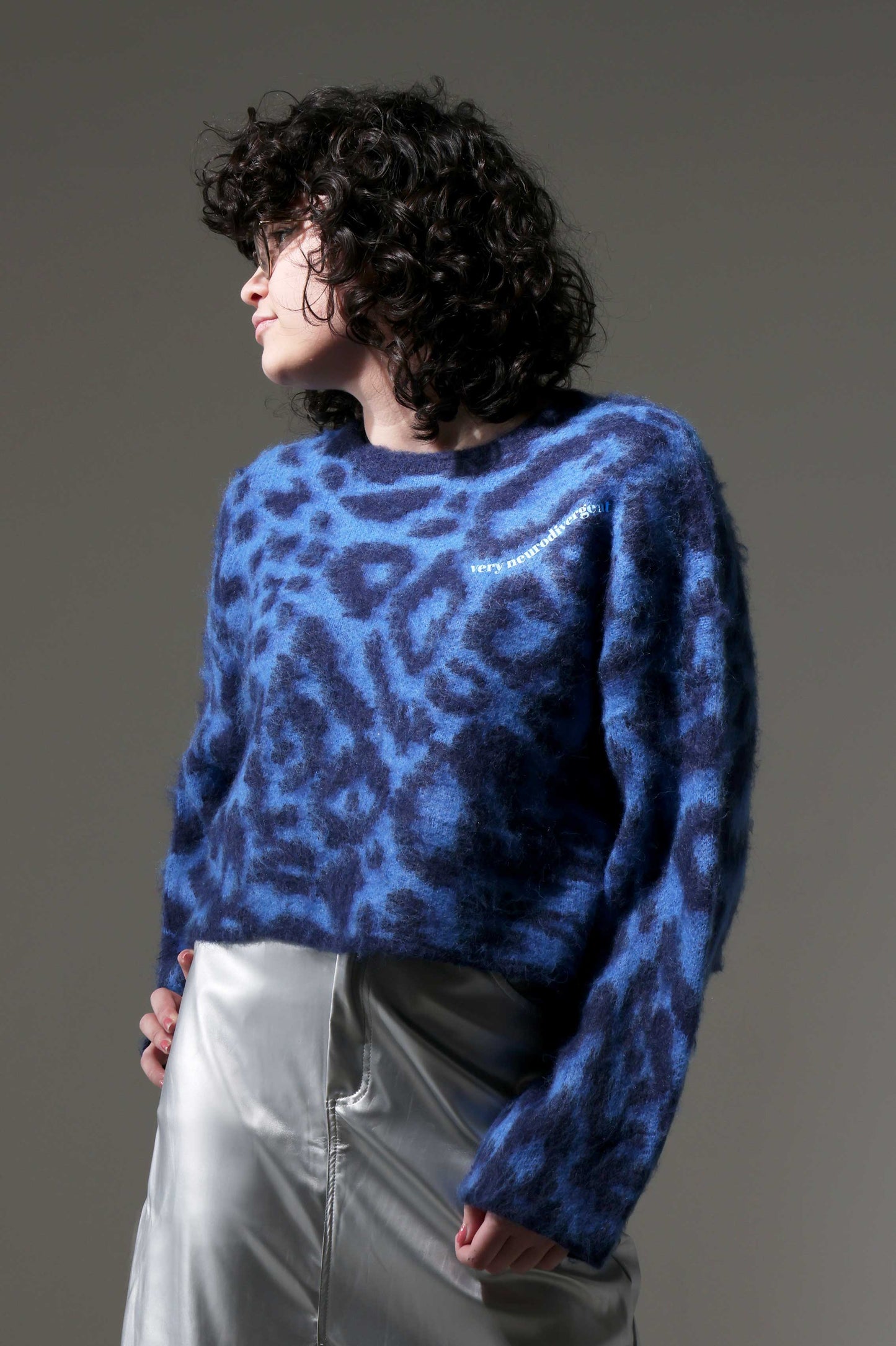 VERY NEURODIVERGENT - Blue Leopard Print Sweater Made of Knitted Fabric with Wool with a Fur finish