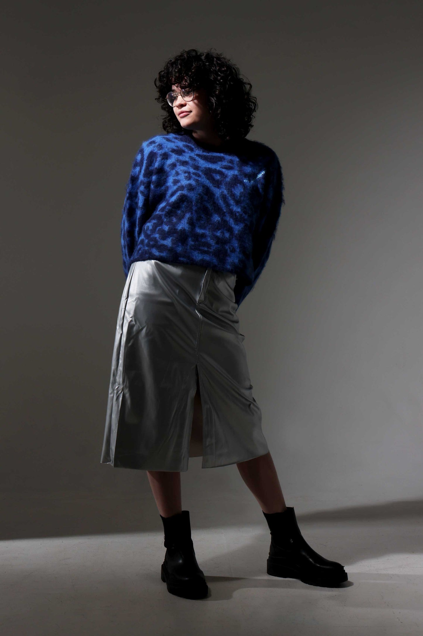 VERY NEURODIVERGENT - Blue Leopard Print Sweater Made of Knitted Fabric with Wool with a Fur finish