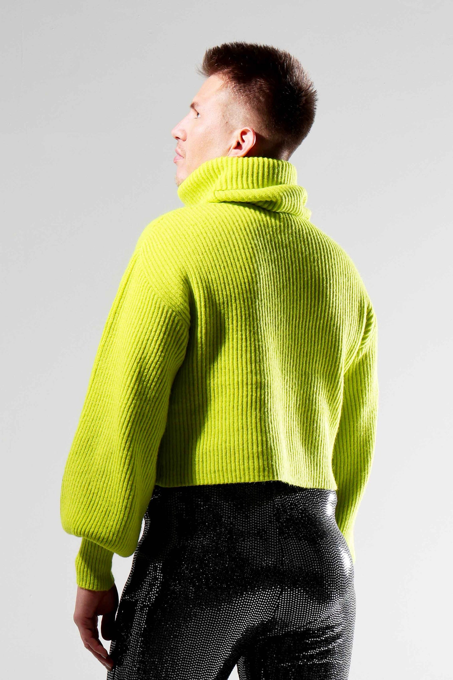 STOP MISDIAGNOSING PEOPLE - Ribbed Knit Turtleneck Jumper with Balloon Sleeves in Apple Green