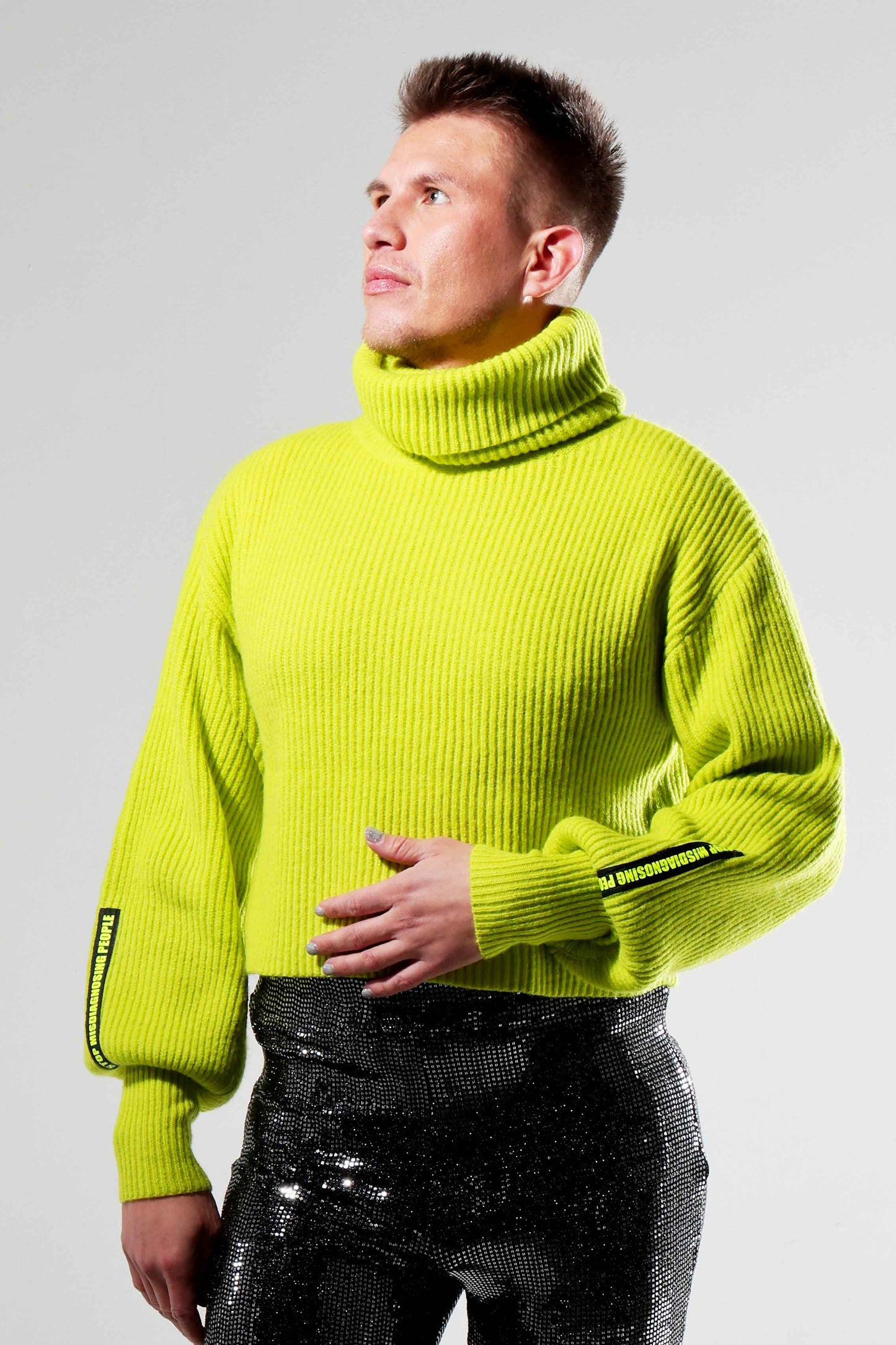 STOP MISDIAGNOSING PEOPLE - Ribbed Knit Turtleneck Jumper with Balloon Sleeves in Apple Green