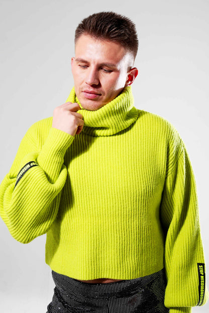 STOP MISDIAGNOSING PEOPLE - Ribbed Knit Turtleneck Jumper with Balloon Sleeves in Apple Green