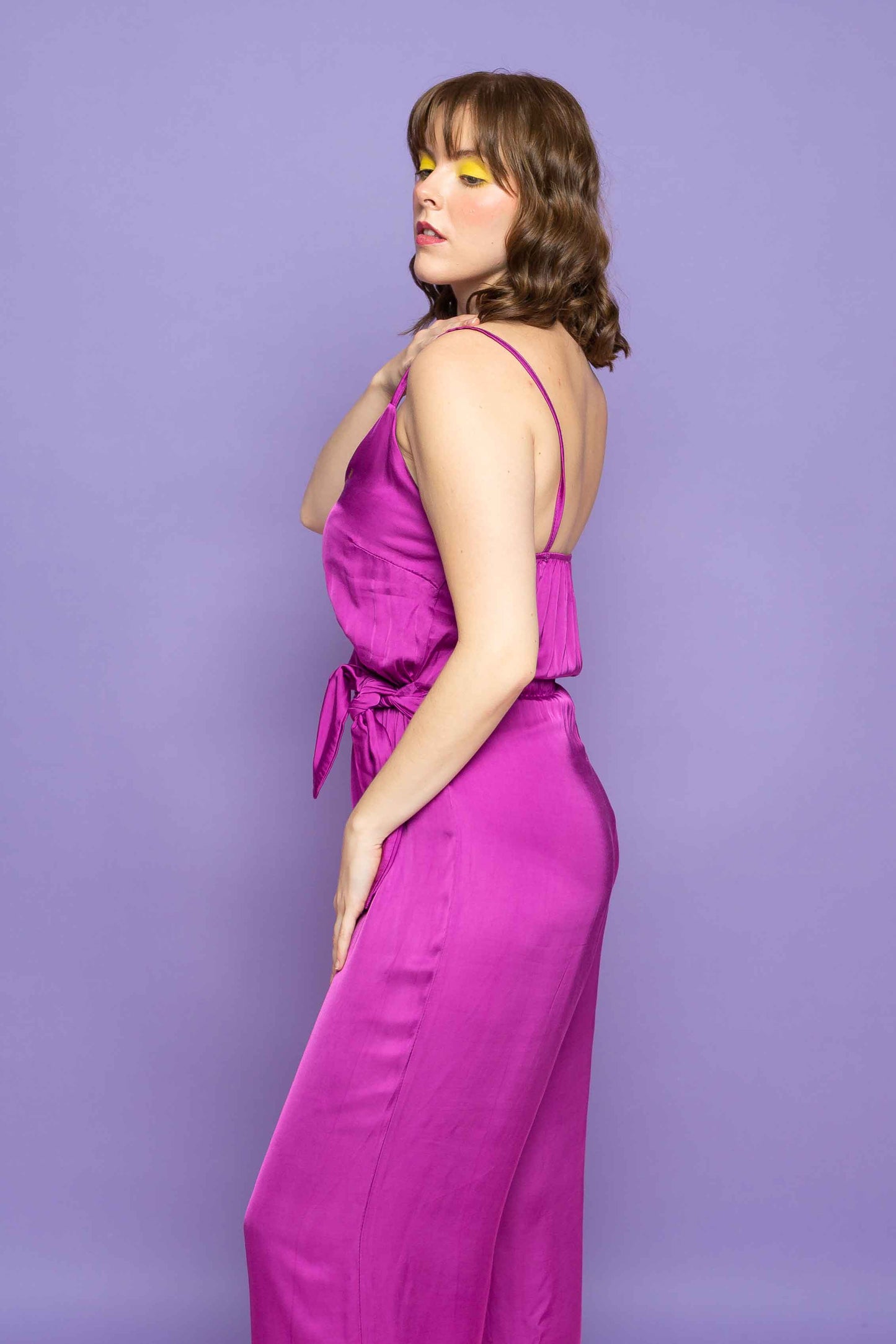 This is The Remix Jumpsuit BE HAPPY, DAMNIT - Satin Cami Strap Jumpsuit In Fuchsia