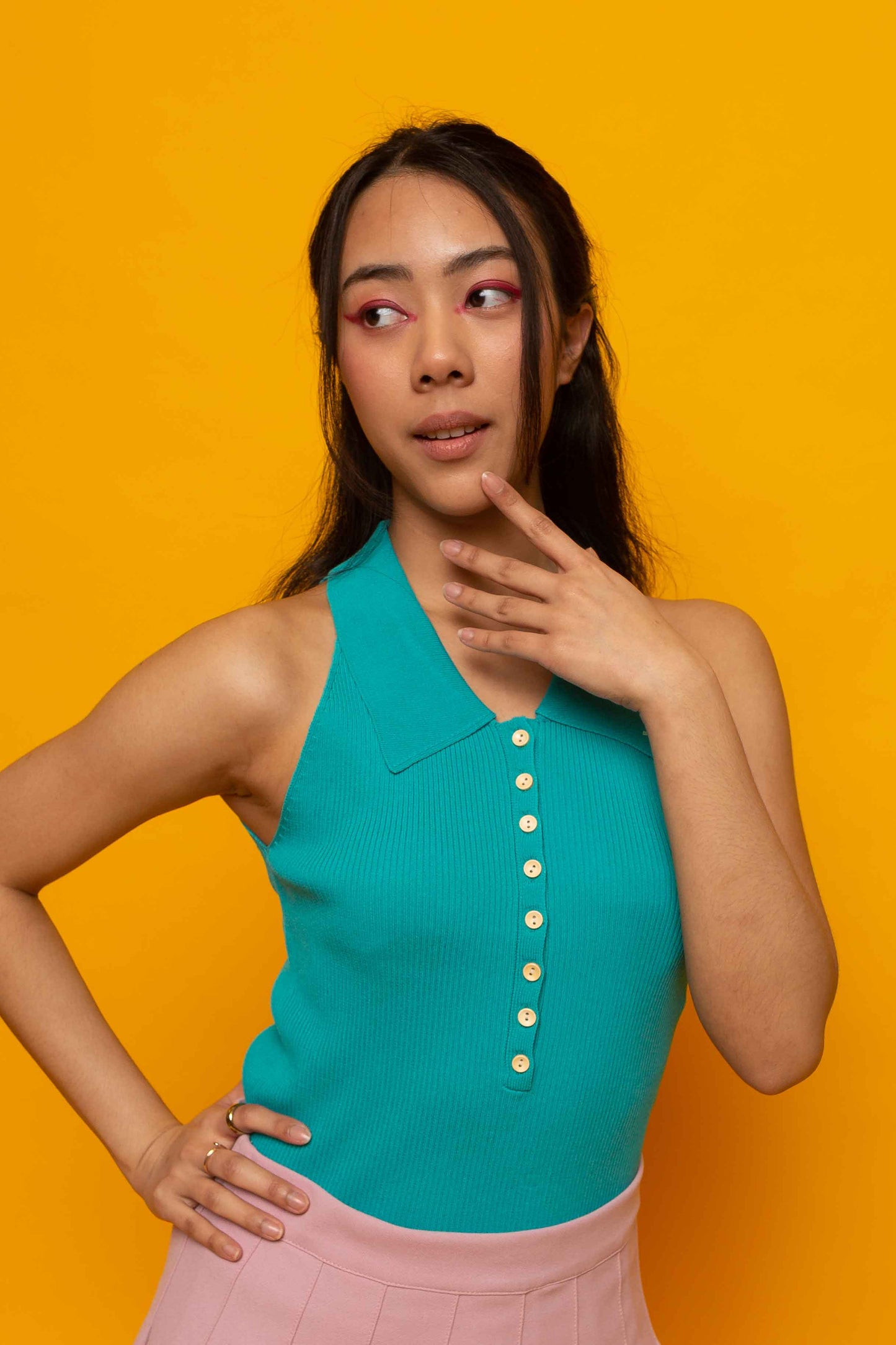 This is The Remix Top BE YOU, BRAVELY - Ribbed Knitted Top With Polo Neck In Turquoise