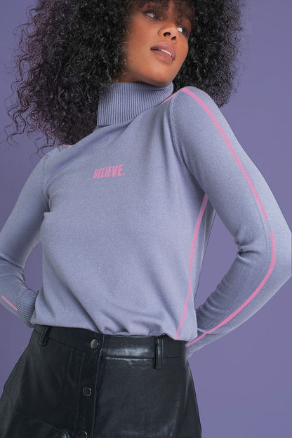 This is The Remix High Neck Jumper BELIEVE - Roll Neck Jumper in Purple
