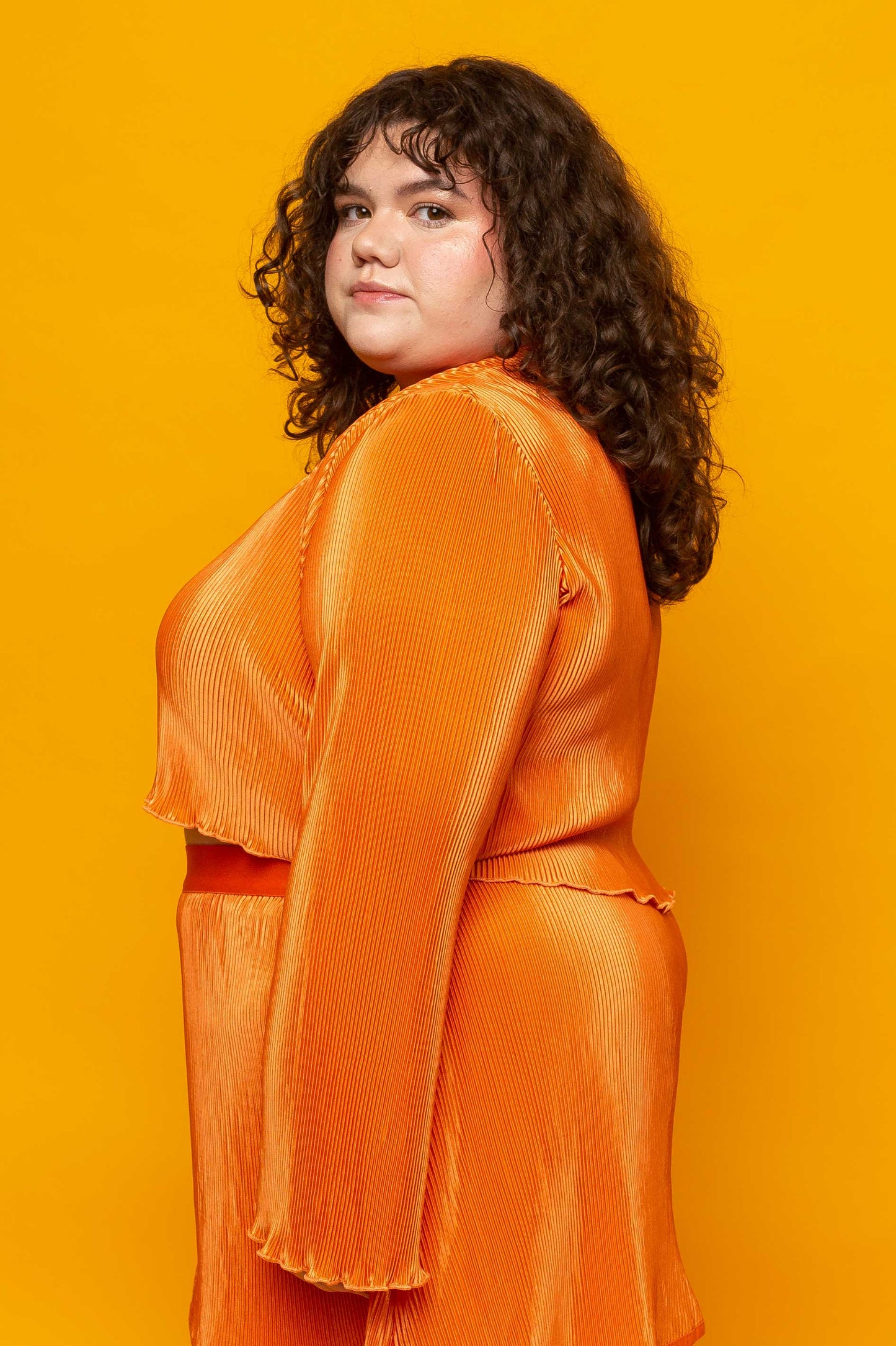 This is The Remix Top I AM THE MAKER OF MY DREAMS - Satin Pleated Round Neck Top In Orange