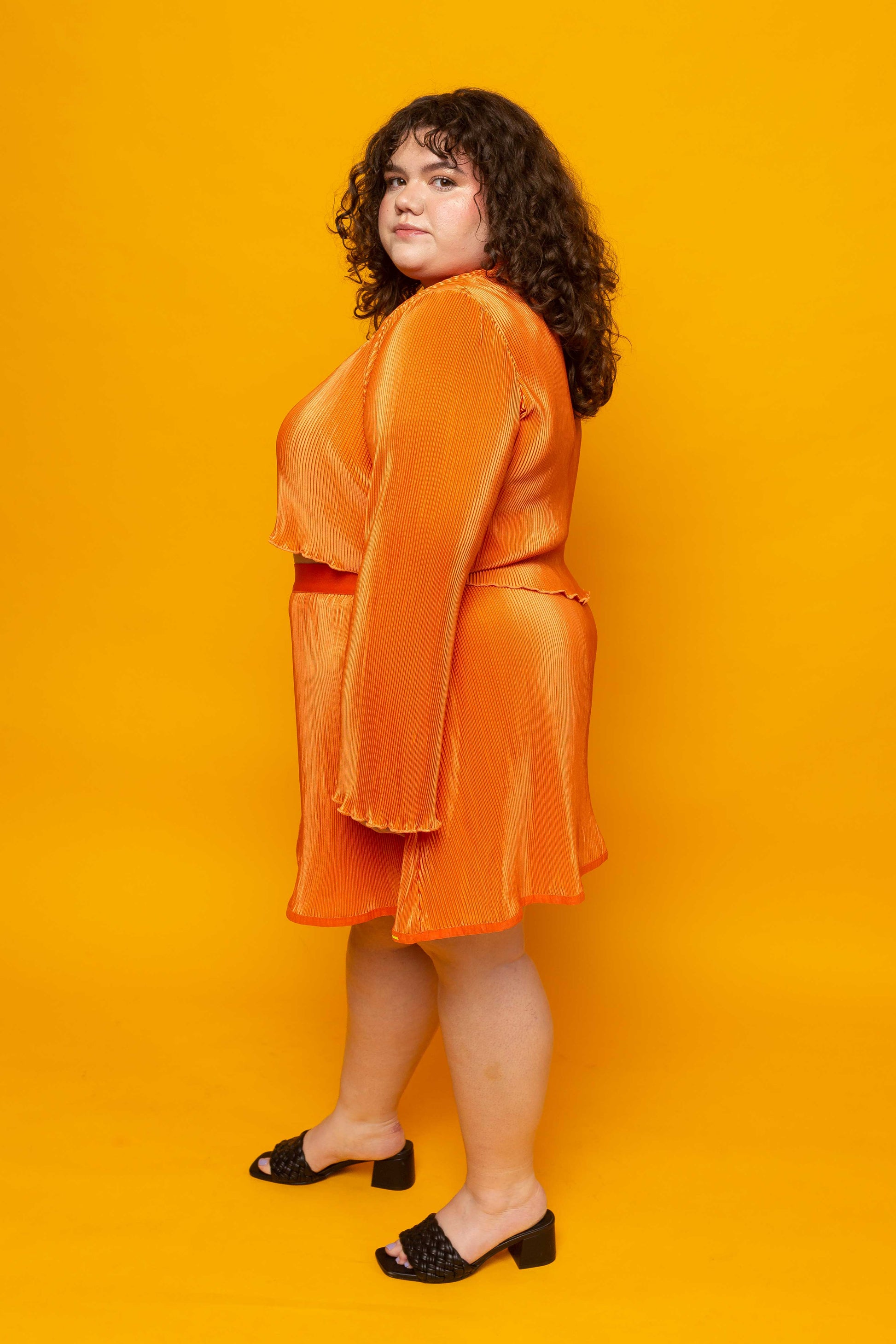 This is The Remix Set I AM THE MAKER OF MY DREAMS - Satin Pleated Top and Short Skirt Set In Orange