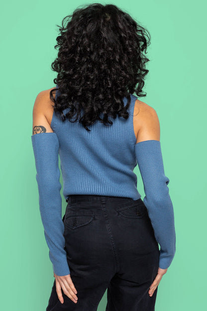 This is The Remix I'M STRONG - Blue Cut Out Rib Sweater in Fine Knitwear