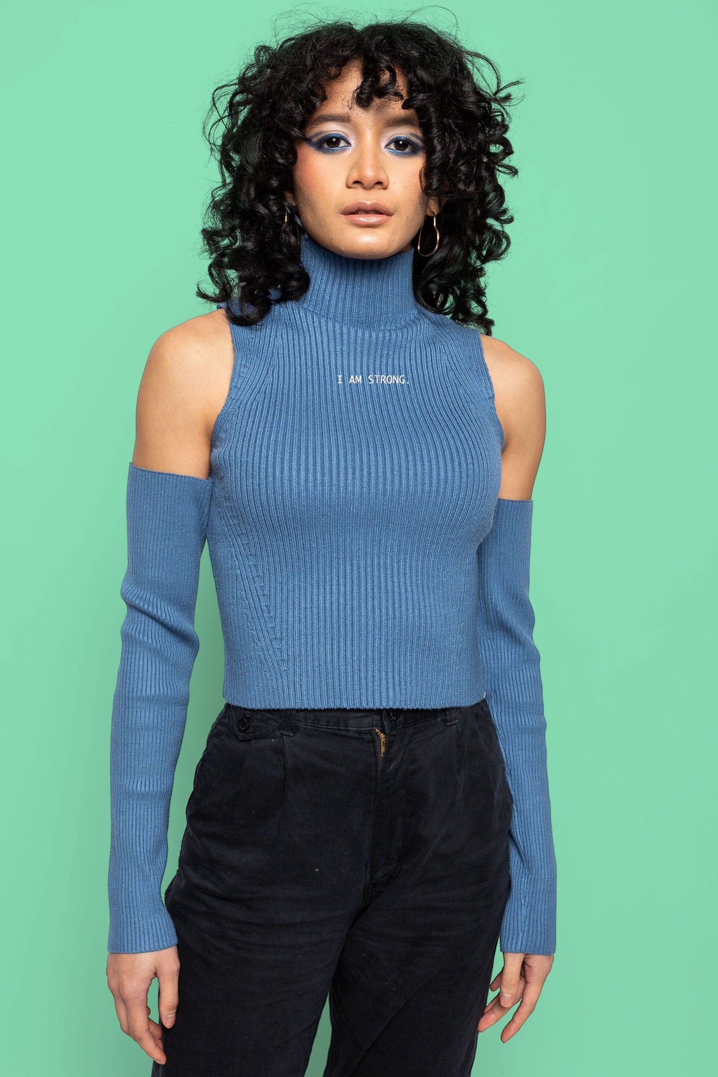 This is The Remix I'M STRONG - Blue Cut Out Rib Sweater in Fine Knitwear