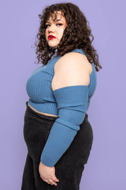 This is The Remix I'M STRONG - Blue Cut Out Rib Sweater in Fine Knitwear.