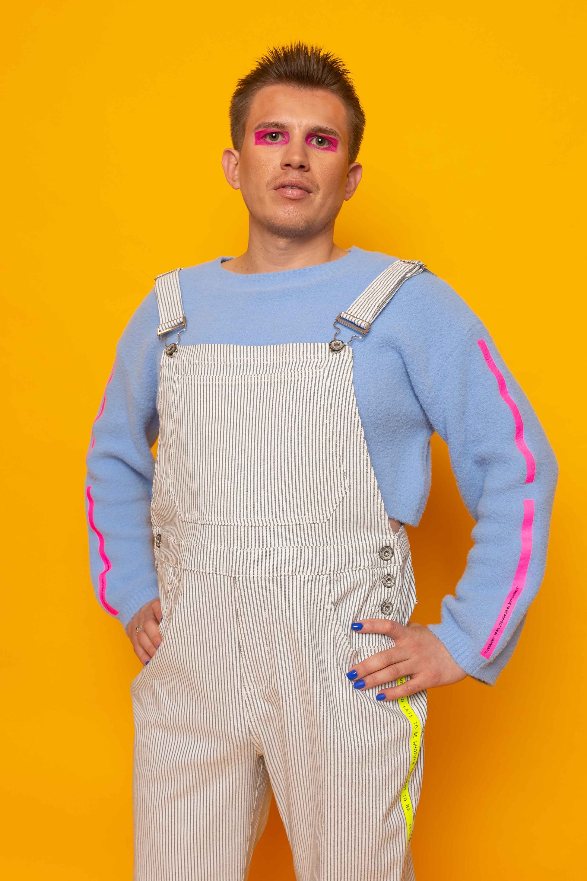 This is The Remix Dungarees IT'S NEVER TOO LATE - Straight Leg Stretch Denim Dungarees in Blue Stripes