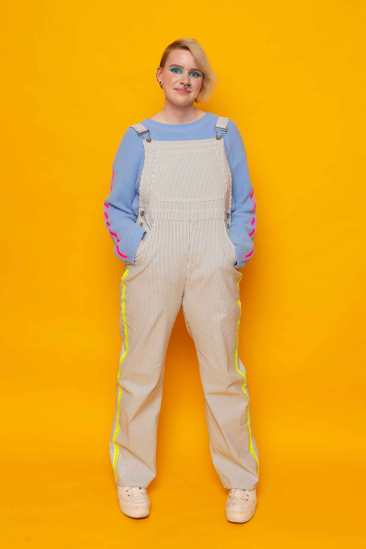 This is The Remix Dungarees IT'S NEVER TOO LATE - Straight Leg Stretch Denim Dungarees in Blue Stripes