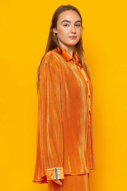 This is The Remix Top IT’S OK TO BE SELFISH - Relaxed Pleated Satin Shirt In Bright Orange