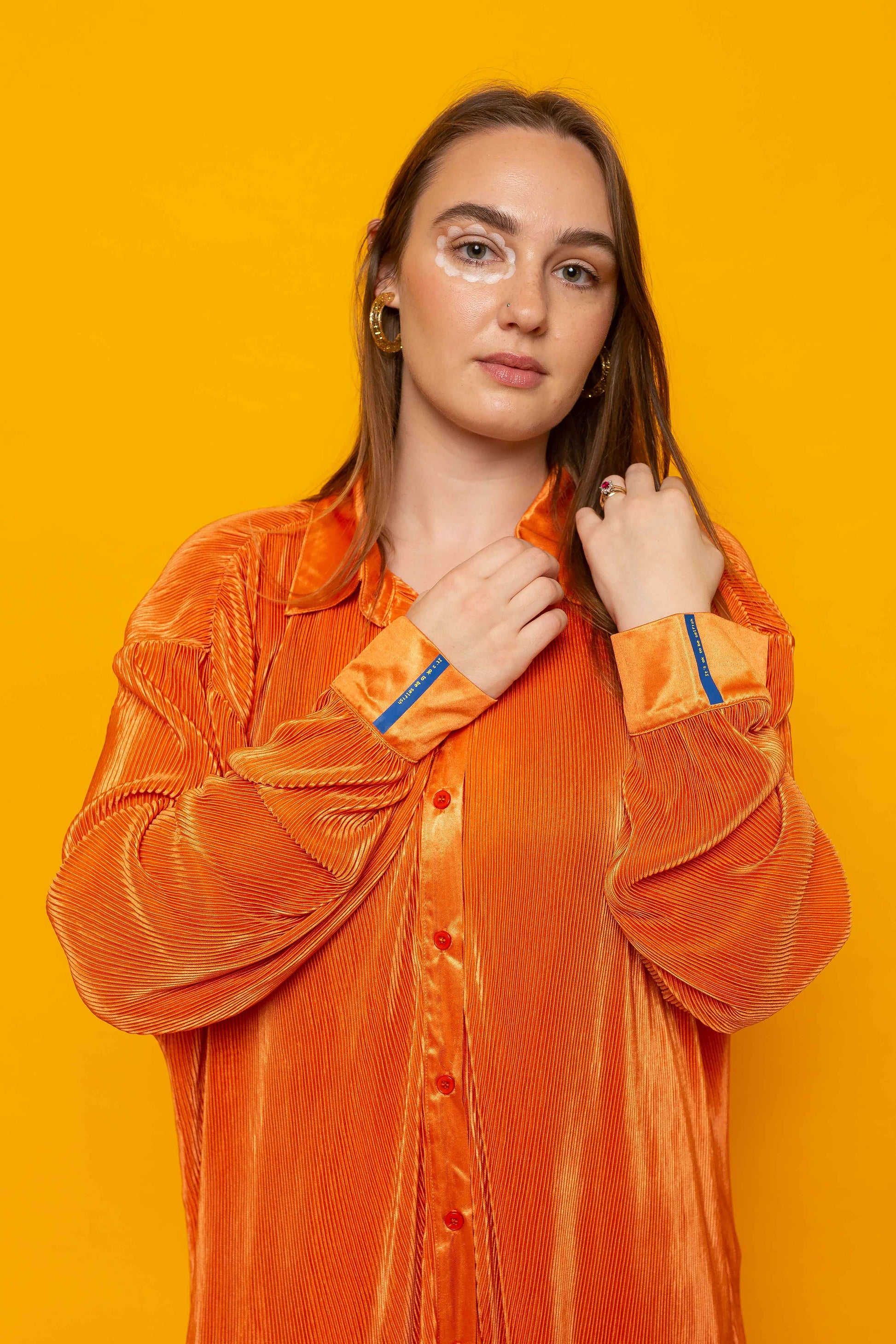 This is The Remix Top IT’S OK TO BE SELFISH - Relaxed Pleated Satin Shirt In Bright Orange