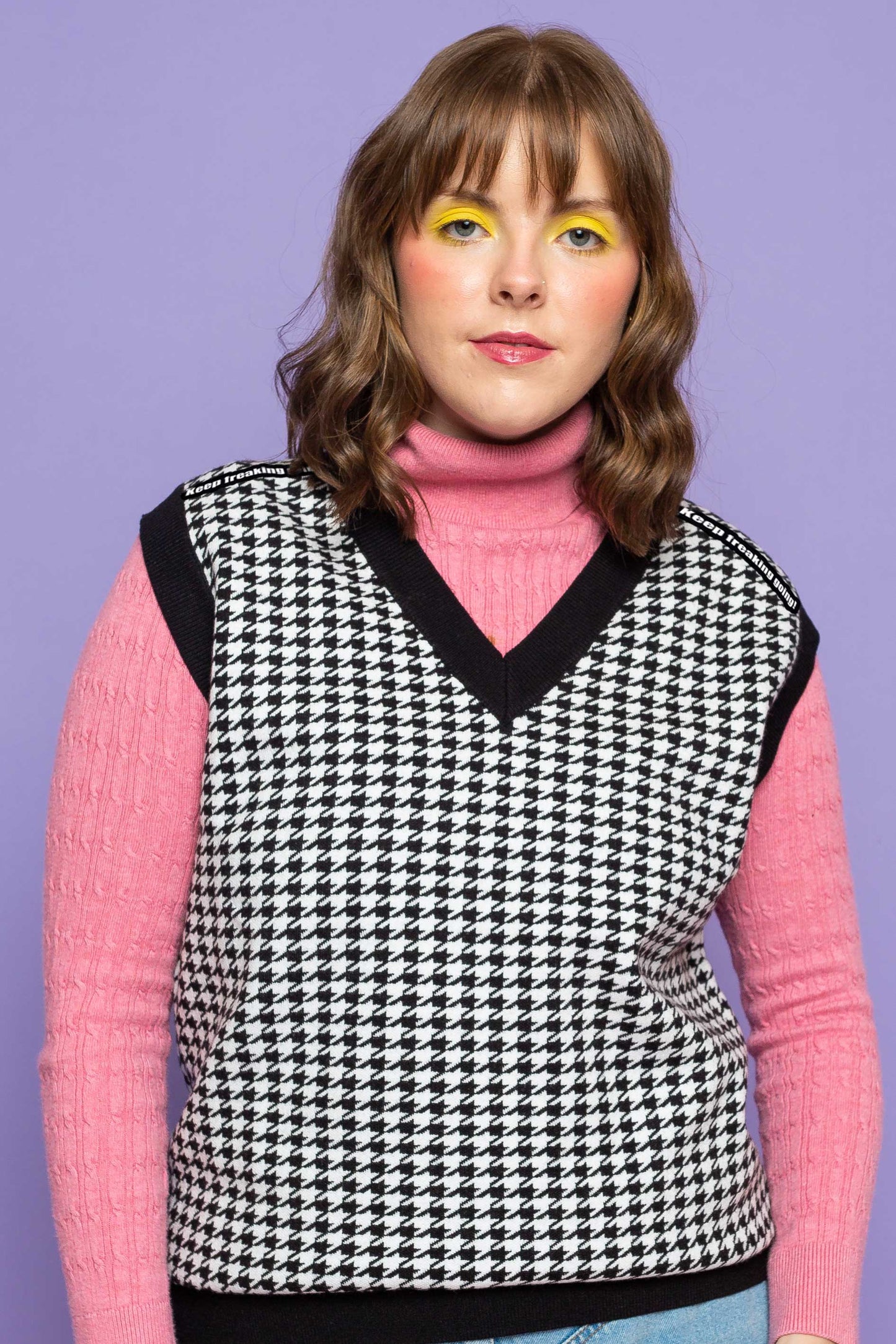 This is The Remix Sweater Vest KEEP FREAKING GOING! - Houndstooth Vest in Contrast Tipping Black
