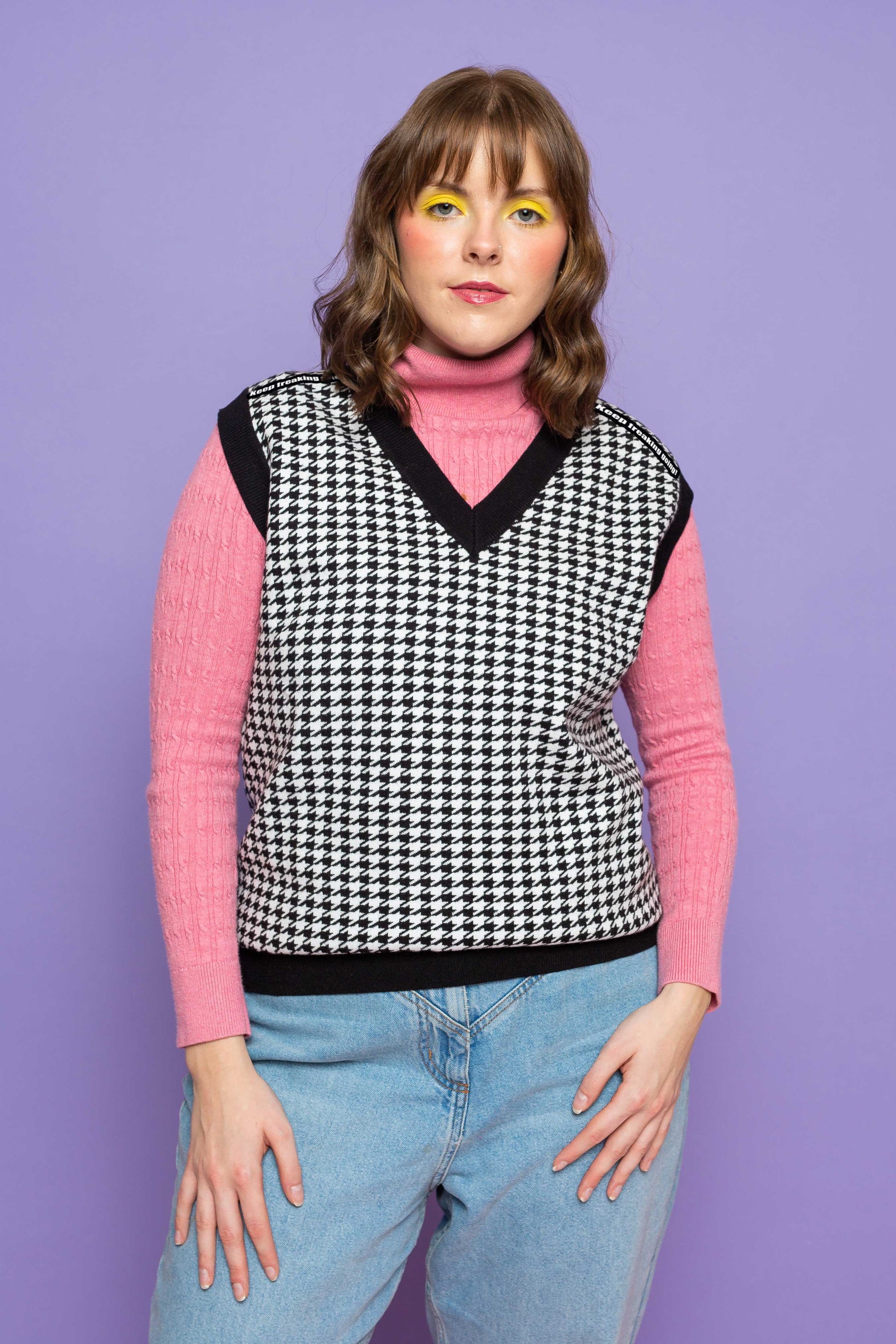 This is The Remix Sweater Vest KEEP FREAKING GOING! - Houndstooth Vest in Contrast Tipping Black