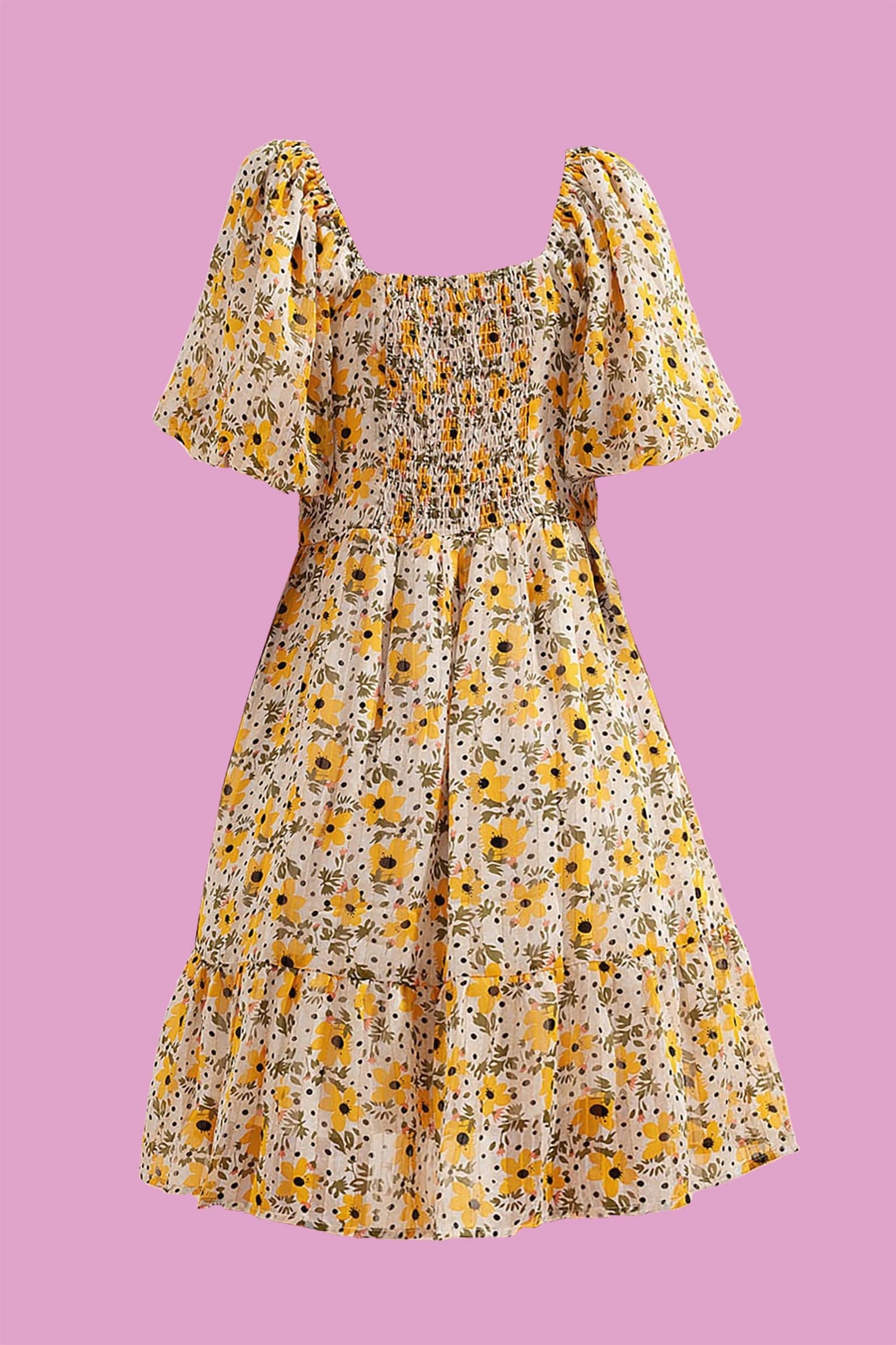This is The Remix Mini Dress LET'S BLOOM - Puff Sleeve Smock Dress in Yellow