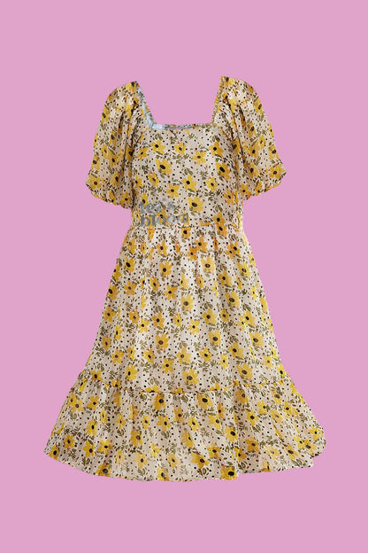 This is The Remix Mini Dress LET'S BLOOM - Puff Sleeve Smock Dress in Yellow