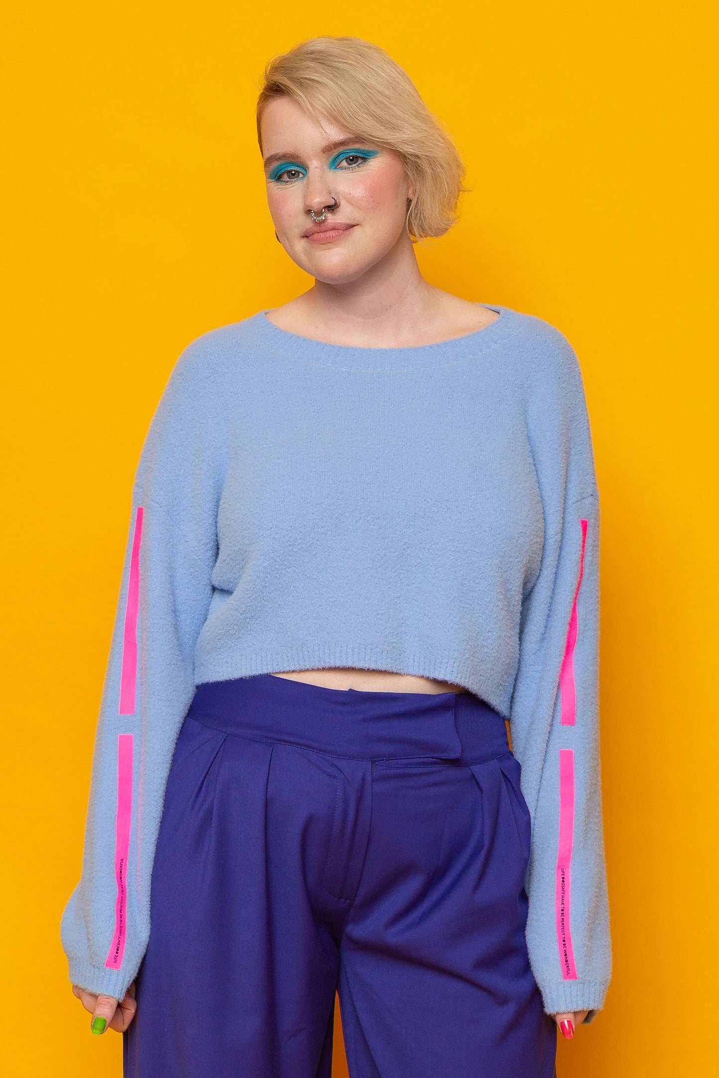This is The Remix Jumper LIFE DOESN'T HAVE TO BE PERFECT TO BE WONDERFUL - Fluffy Cropped Jumper In Light Blue