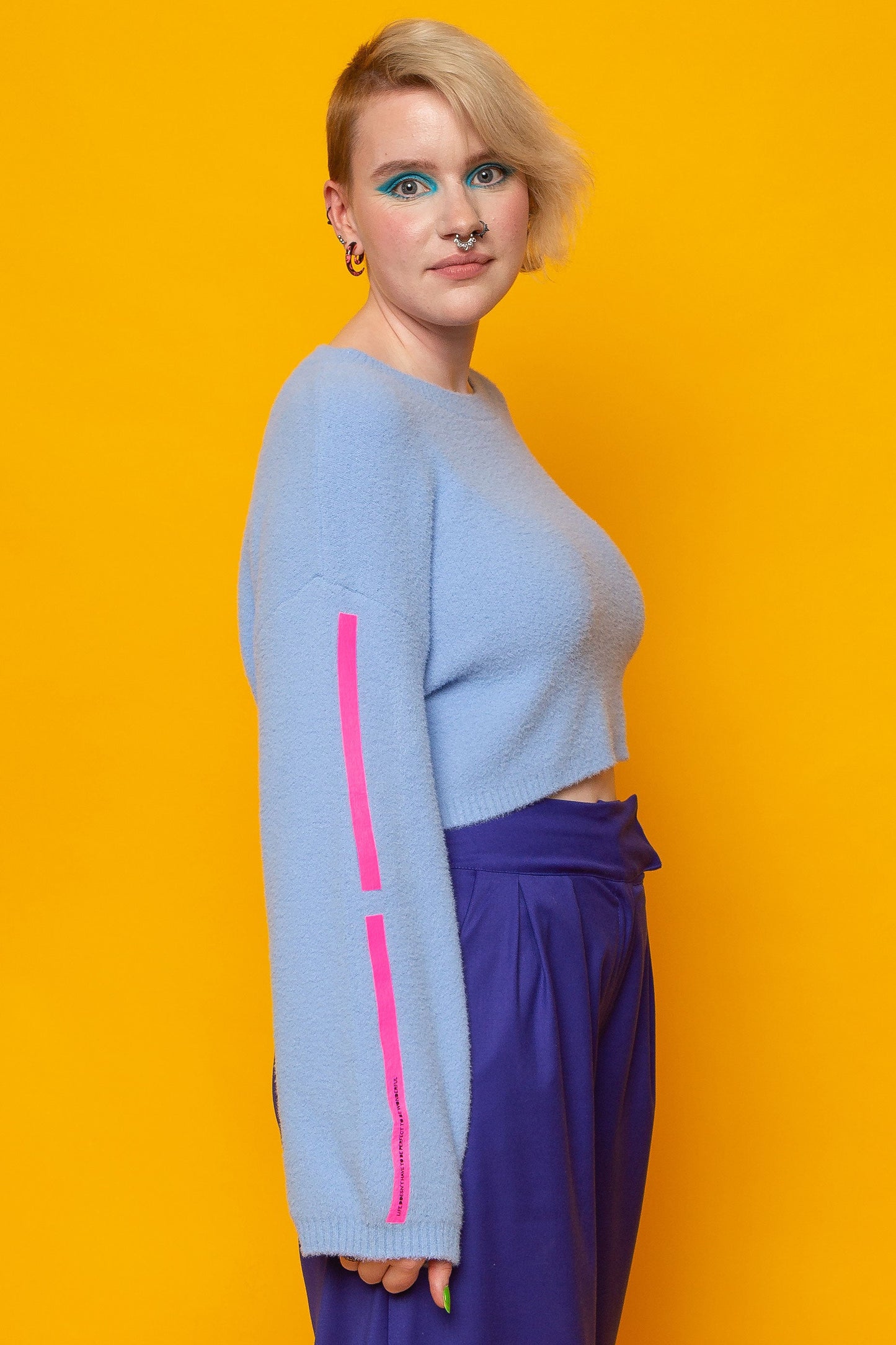 This is The Remix Jumper LIFE DOESN'T HAVE TO BE PERFECT TO BE WONDERFUL - Fluffy Cropped Jumper In Light Blue