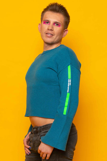 This is The Remix Jumper MICRO-DOSING HAPINESS - 70's Ribbed Boat Neck Jumper In Blue