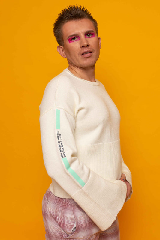 This is The Remix Jumper MICRO-DOSING HAPINESS - 70's Ribbed Boat Neck Jumper In Cream