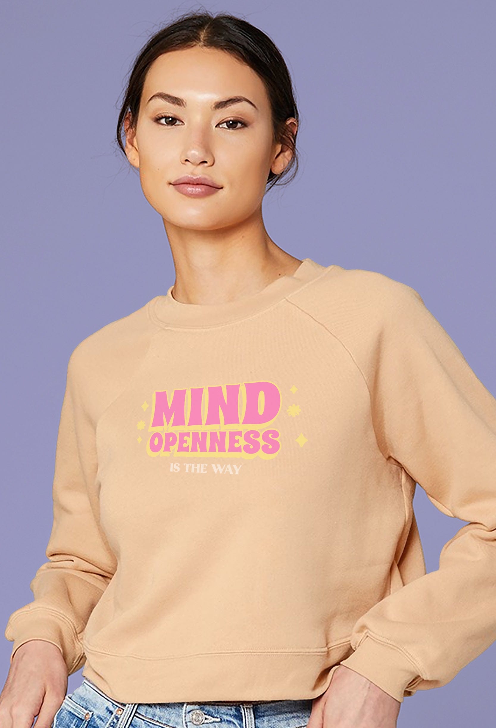 This is The Remix Cropped Sweatshirt MIND OPENNESS IS THE WAY - Retro Cropped Sweatshirt in Peach
