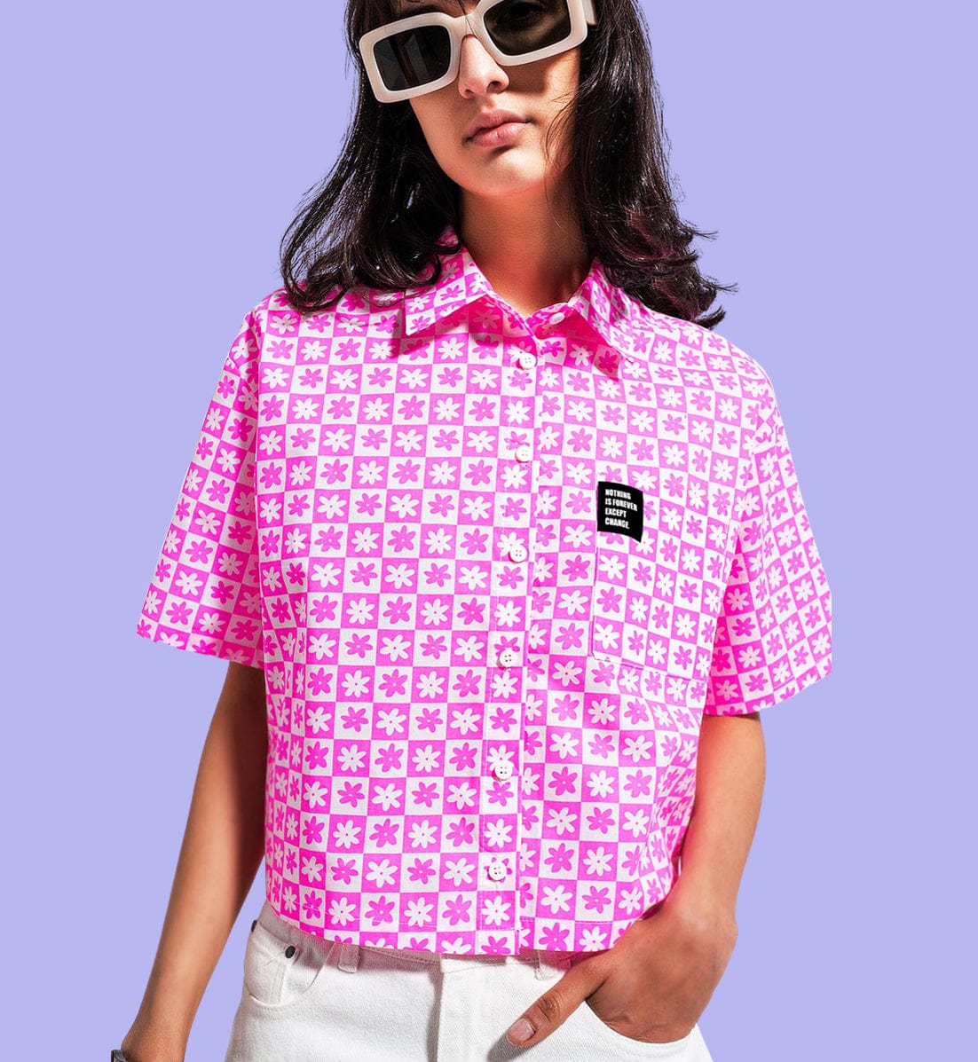 This is The Remix Shirt NOTHING IS FOREVER EXCEPT CHANGE - 70'S Flower Pattern Oversized Cropped Shirt in Pink
