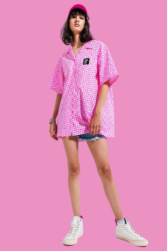 This is The Remix Shirt NOTHING IS FOREVER EXCEPT CHANGE - 70'S Flower Pattern Oversized Short Sleeve Shirt In Bright Pink