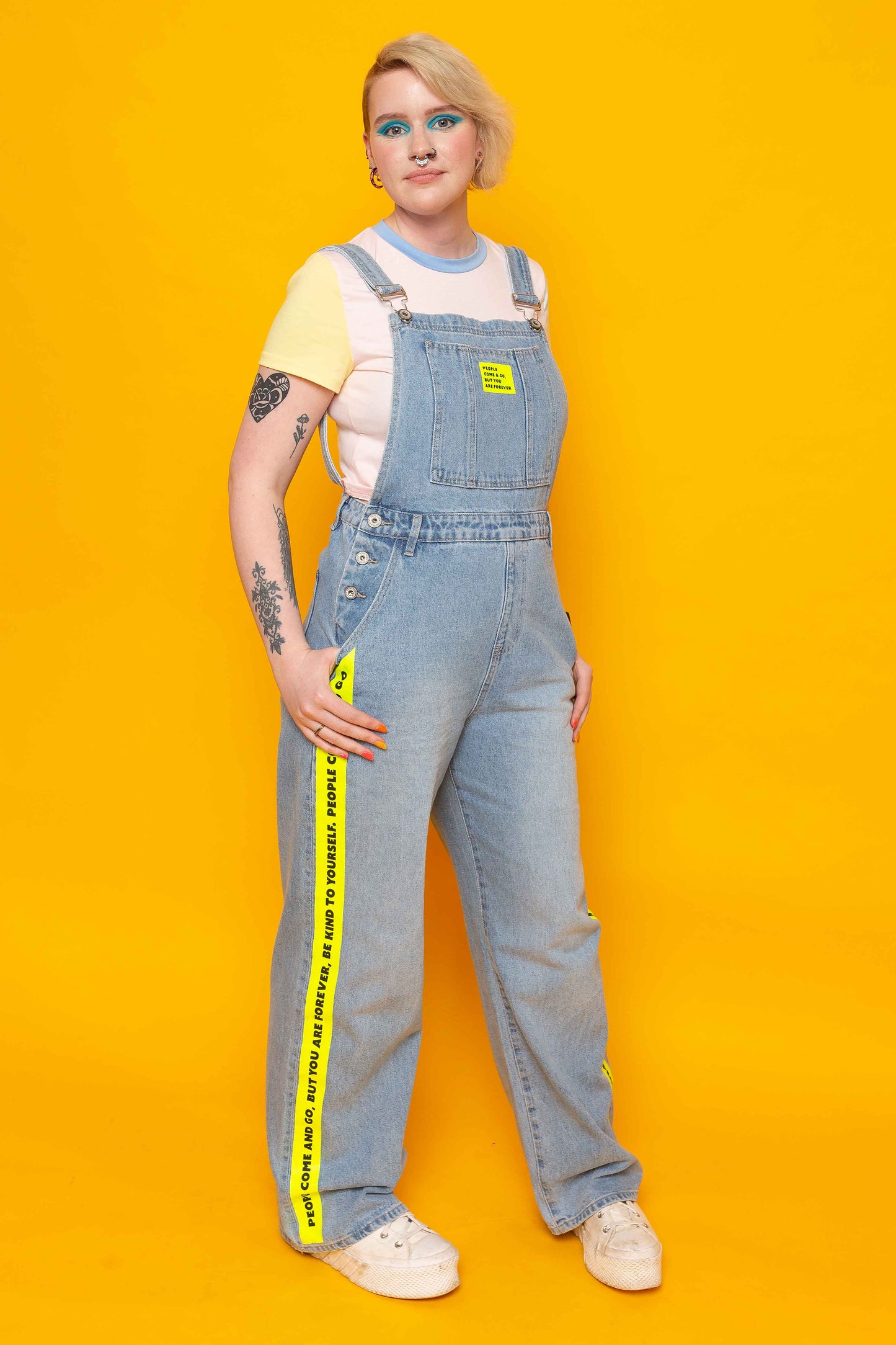 This is The Remix Dungarees PEOPLE COME & GO - Straight Leg Denim Dungarees