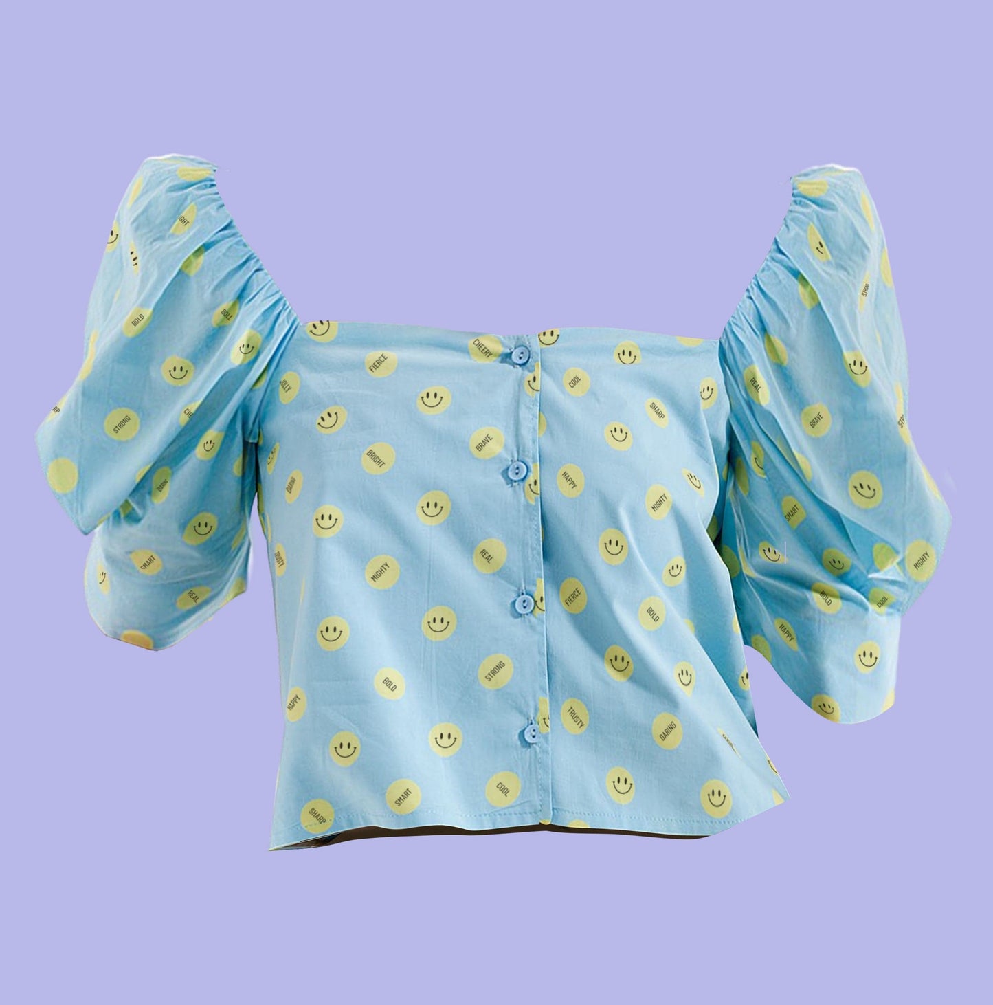 This is The Remix Top POSITIVE MINDSET - Smiley Faces and Puffed Sleeves with Squared Neckline Cropped Shirt in Light Blue