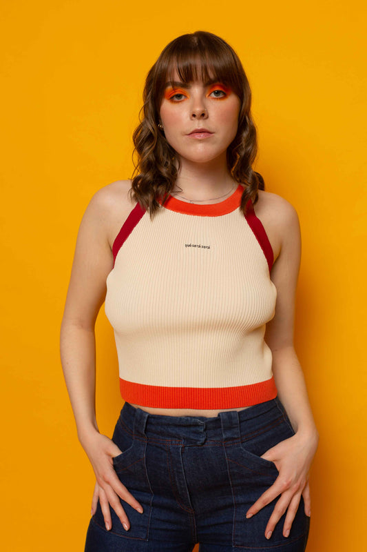 This is The Remix Top QUE SERA, SERA - Ribbed Cropped Vest Top In Red and orange