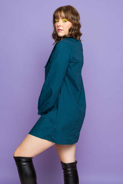 This is The Remix Dress STILL I RISE - Collared Mini Dress With Button Down Front In Dark Teal