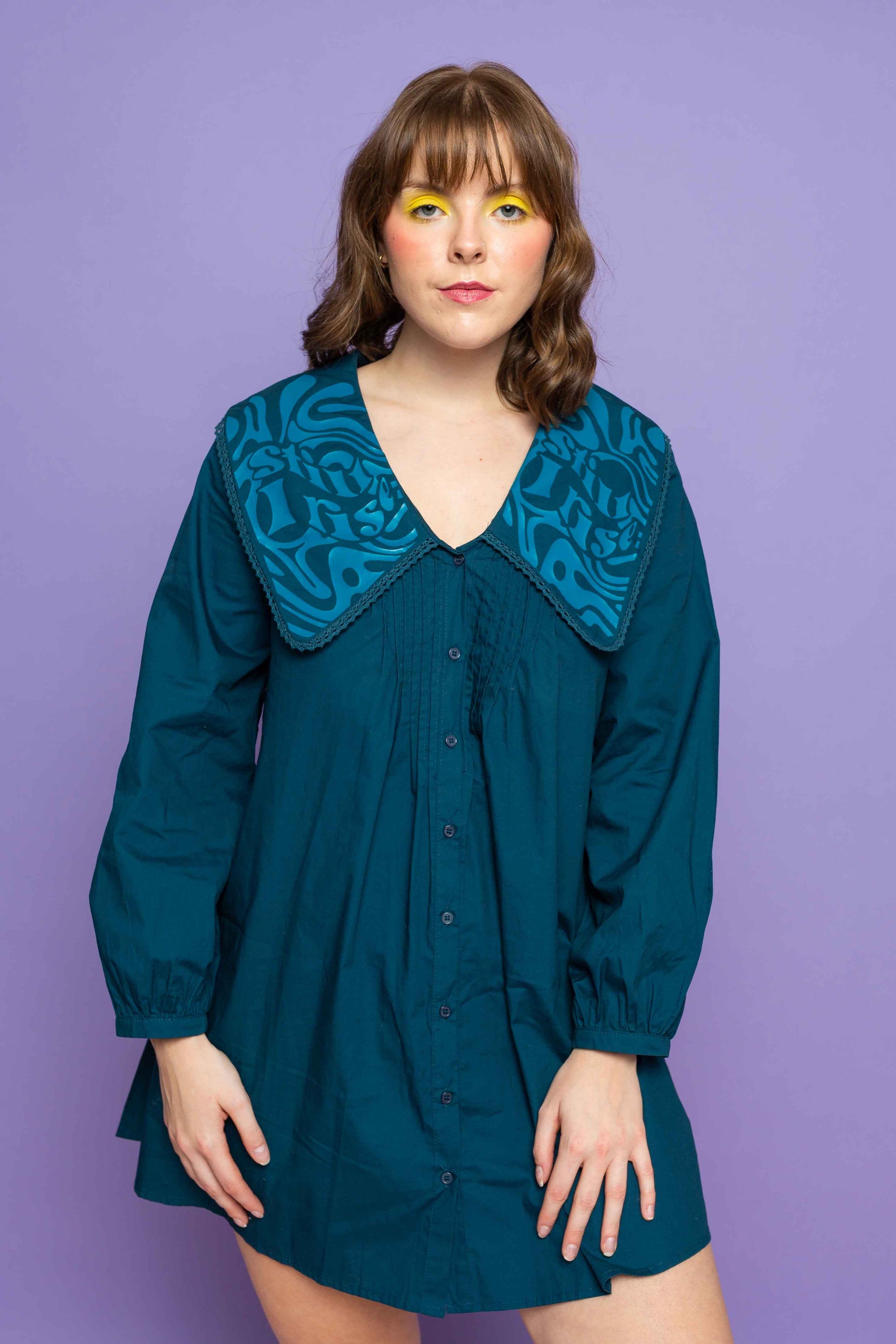 This is The Remix Dress STILL I RISE - Collared Mini Dress With Button Down Front In Dark Teal