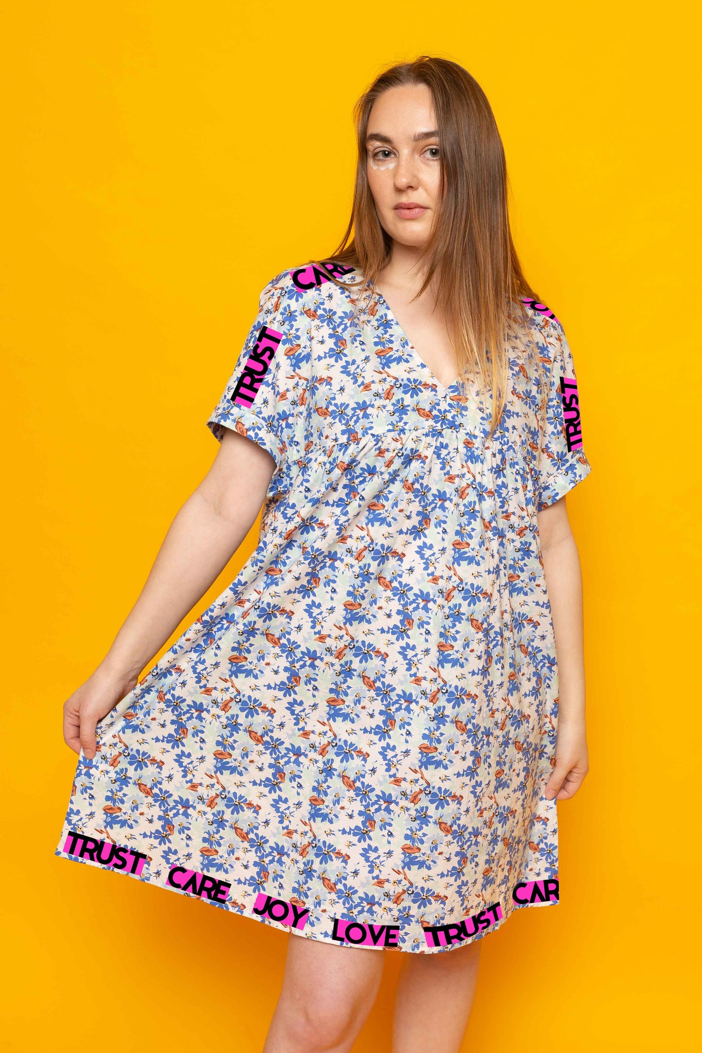 This is The Remix Dress THE JOY - Oversized Babydoll Mini Dress In Blue Floral