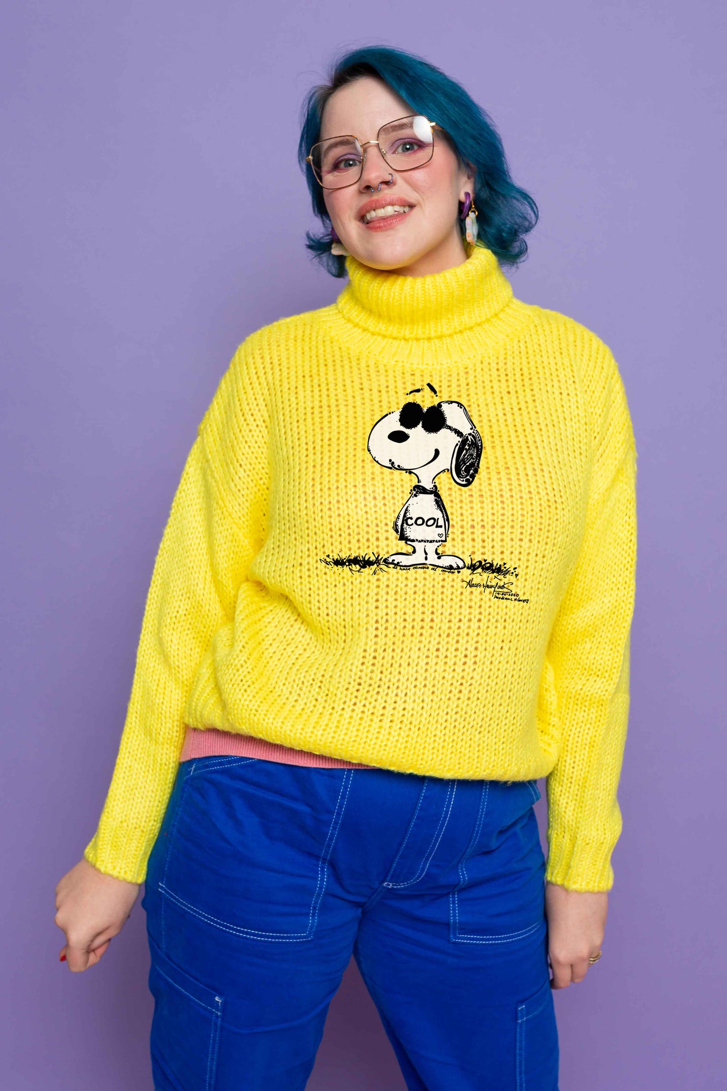 This is The Remix High Neck Jumper THE PATH IS MADE BY WALKING (Inspired by Snoopy) - High Neck Chunky Knit Jumper In Yellow