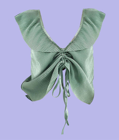 This is The Remix Top TRUST YOUR HEART - Y2K V-neck Cropped Top with ruffled front in Green