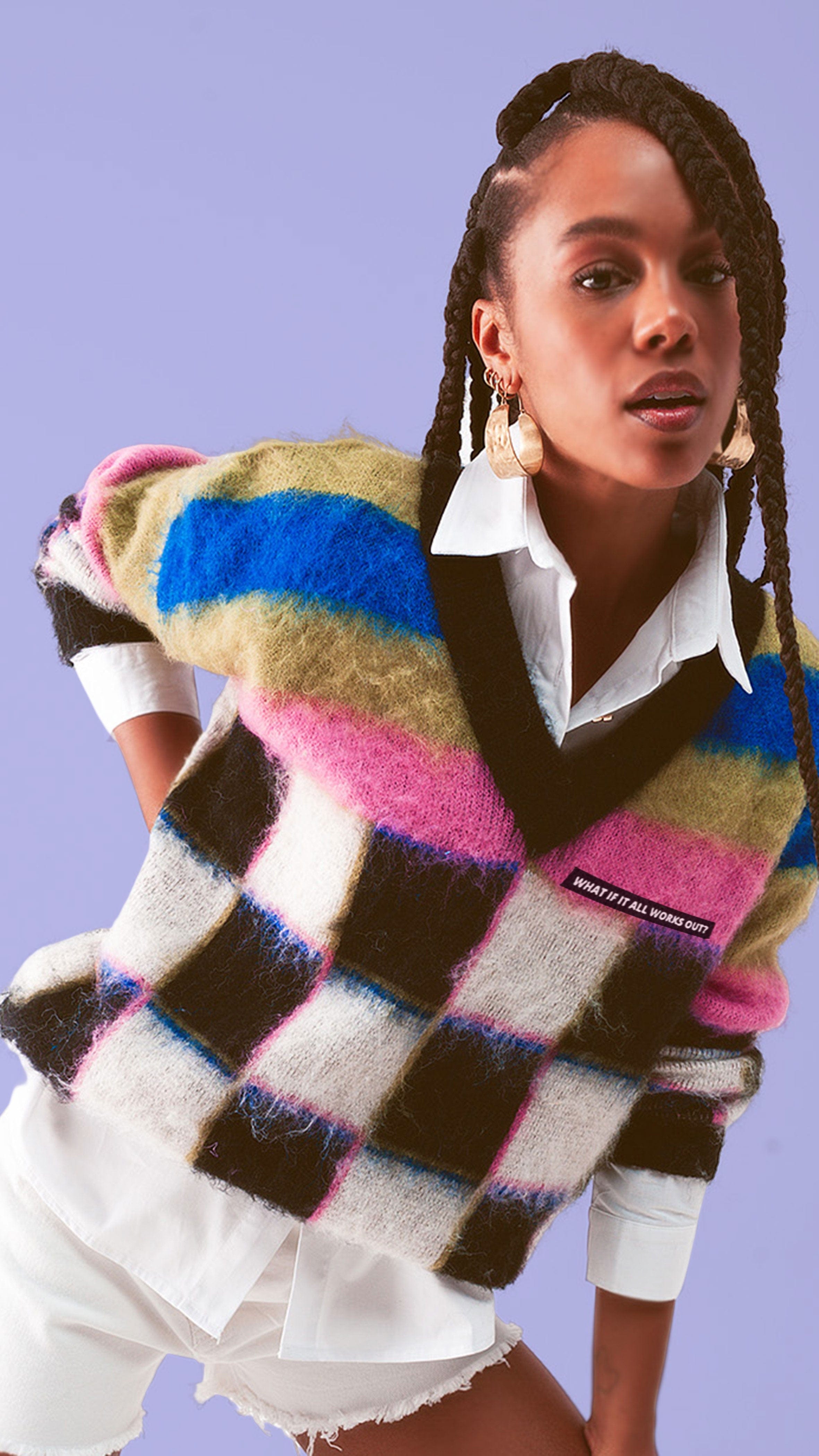 WHAT IF ALL WORKS OUT Mixed Check V Neck Sweater In Multi colour