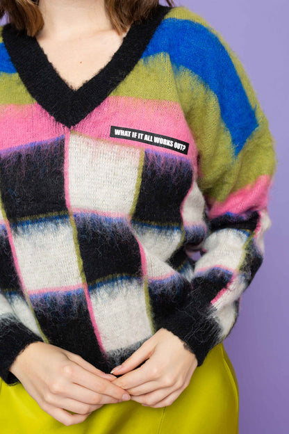 This is The Remix Sweater WHAT IF ALL WORKS OUT? - Mixed Check V-Neck Sweater In Multi colour
