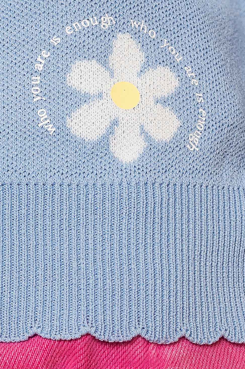 This is The Remix Top WHO YOU ARE IS ENOUGH - 70's inspired Fine Knitted Floral Top In Sky Blue