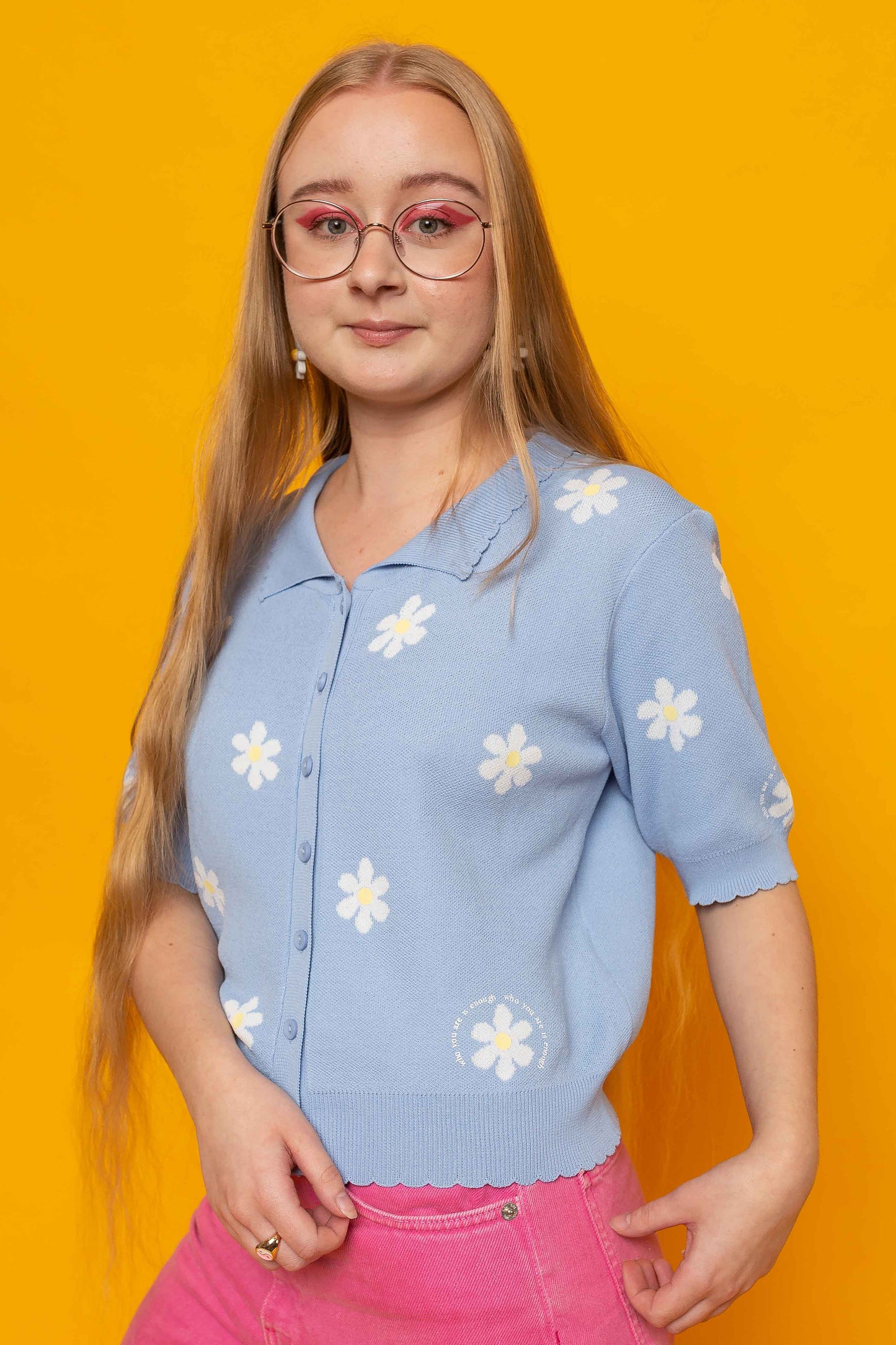 This is The Remix Top WHO YOU ARE IS ENOUGH - 70's inspired Fine Knitted Floral Top In Sky Blue